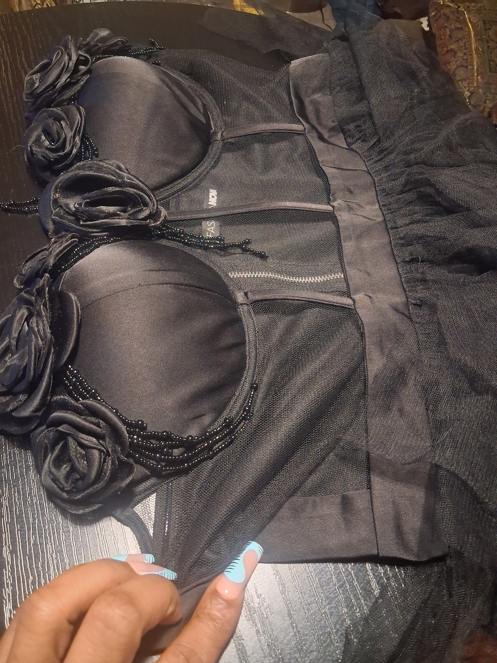 Women's Black Floral Applique Bustier Corset Dress Size Xl